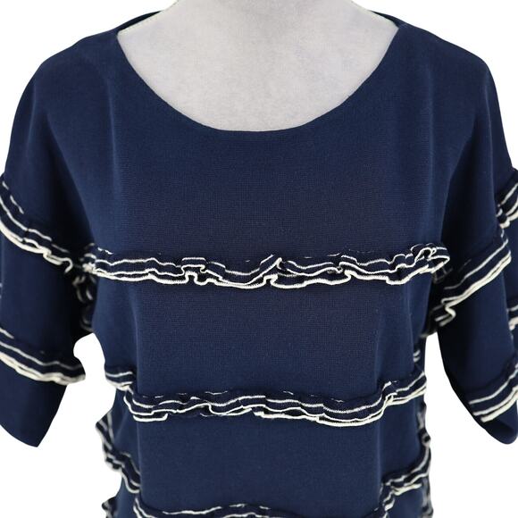 J Crew Top Womens Medium Navy Blue White Ruffle Sweater Cotton Knit Whimsy - Picture 7 of 12
